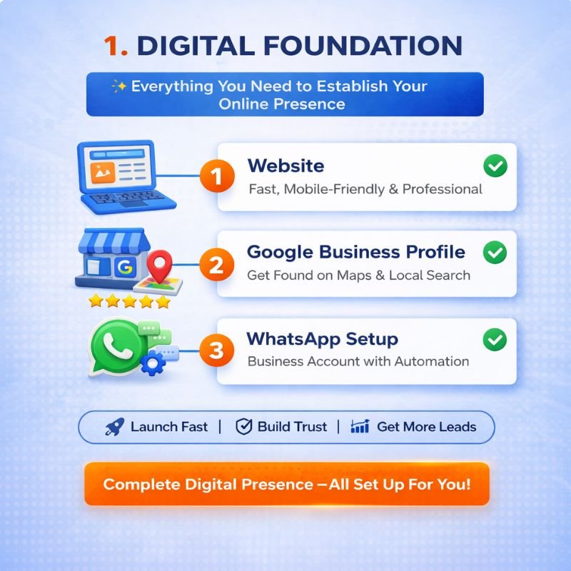 Digital business setup services including professional website creation, Google Business Profile optimization, and WhatsApp business integration for local lead generation