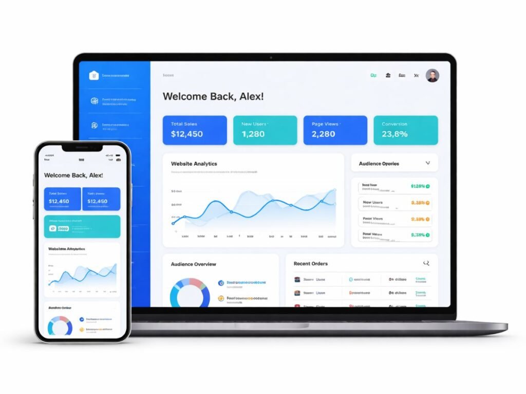 Business Growth System digital foundation dashboard showing website analytics on laptop and mobile for online business growth