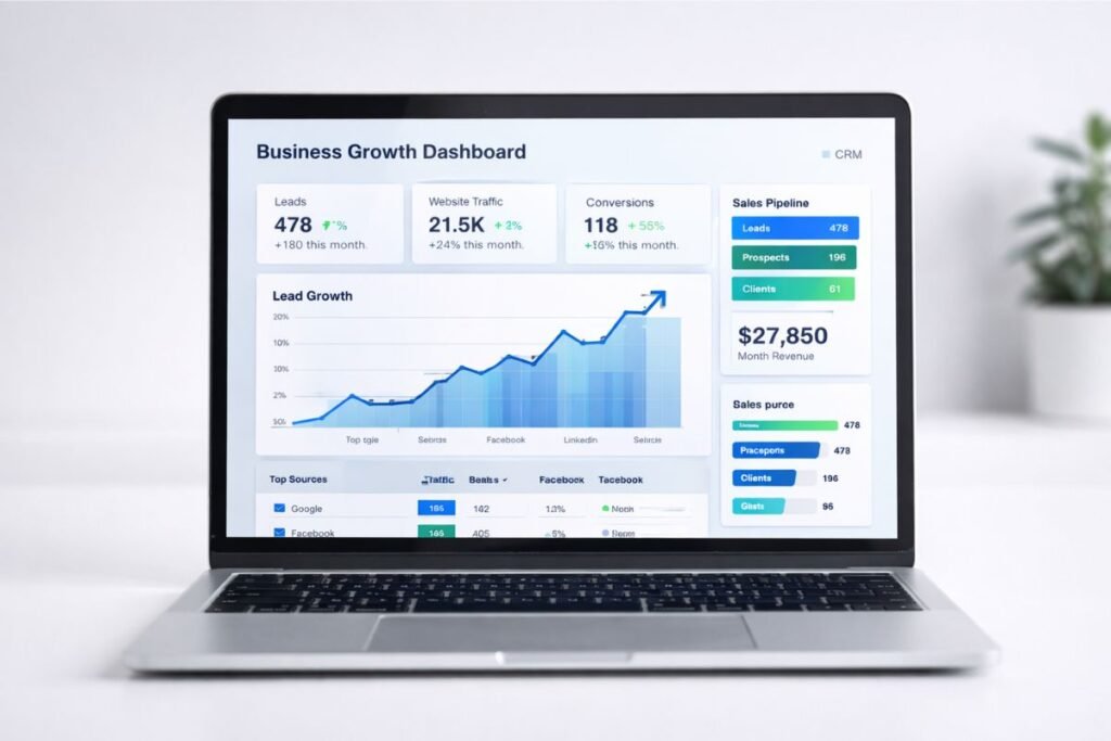 Digital business growth dashboard showing leads, conversions and business growth system on laptop