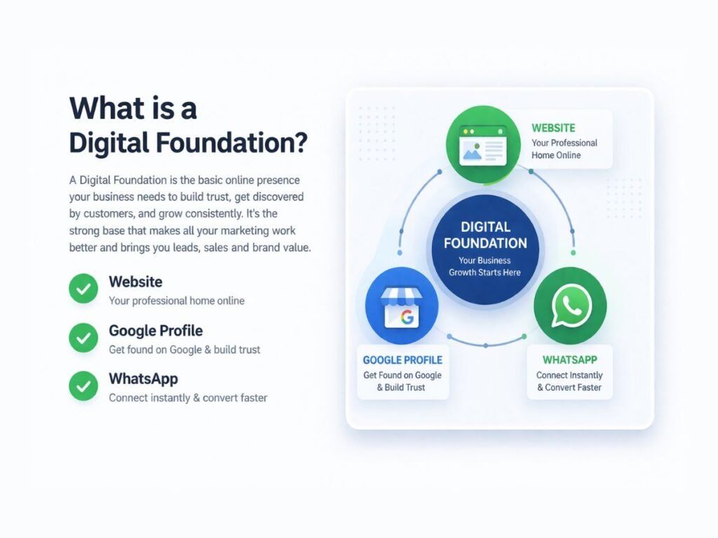 Digital foundation system diagram showing website, Google Business Profile and WhatsApp integration for business growth